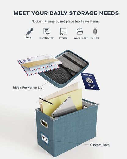 File Organizer Box with Lid, Hanging Filing File Box with Mesh Pocket, Document - Image 4