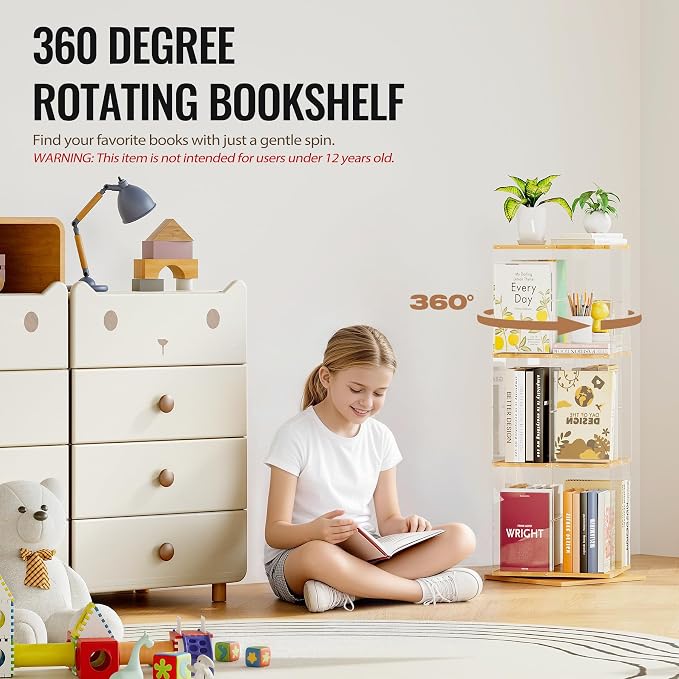 TAKEKIT 3-Tier Rotating Bookshelf, 360° Spinning Book Shelf Tower - Image 4