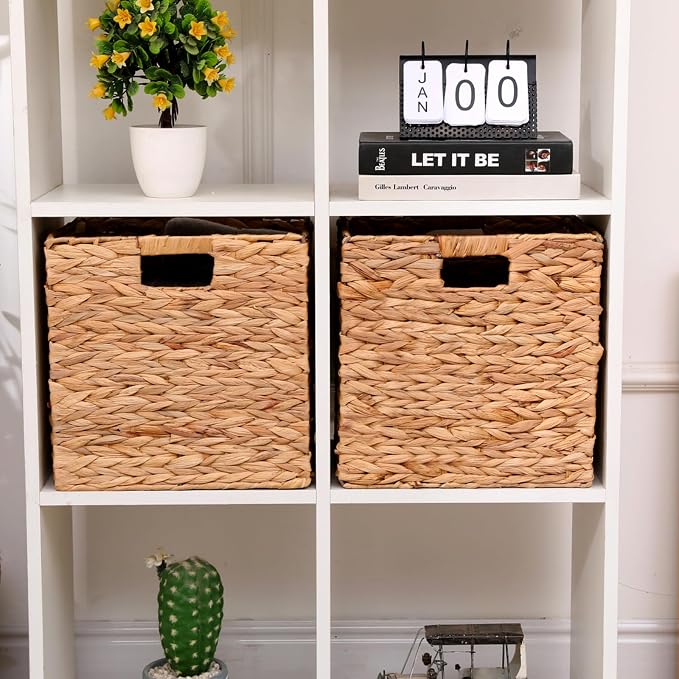 12x12x12 Inch Wicker Storage Basket Set of 2 Foldable Hyacinth Storage Box | - Image 7