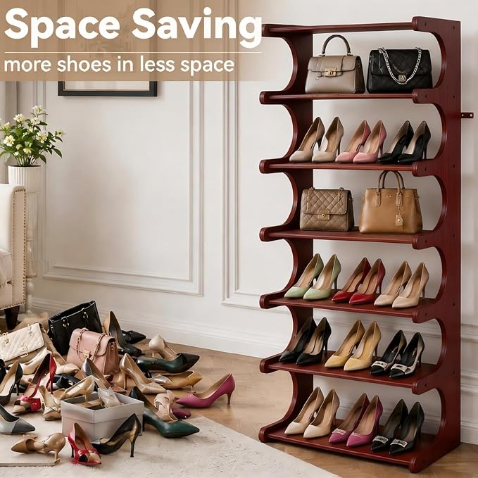 7-Tier 41" Tall Wooden Vertical Shoe Rack, E-Shaped Multi-Layer Solid Wood - Image 4