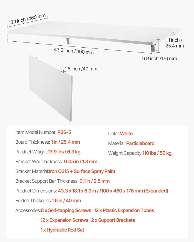 VEVOR Wall Mounted Folding Table, 43.3 x 18 inches Wall Mount Table, Floating - Image 2