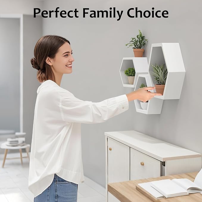 ZGZD Set of 3 White Wooden Hexagon Wall Shelves - Image 8