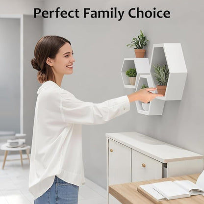 ZGZD Set of 3 White Wooden Hexagon Wall Shelves - Image 8
