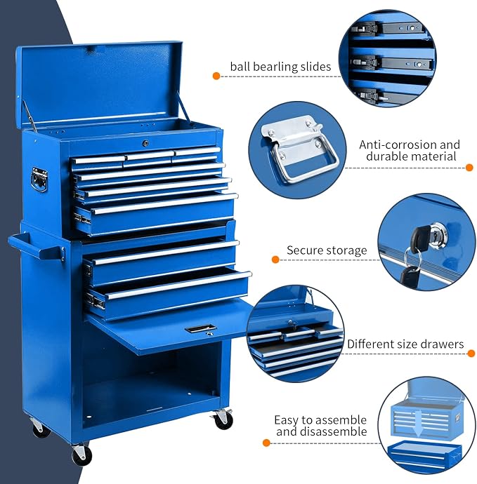 8-Drawer High Capacity Rolling Tool Chest, Removable Cabinet Storage Tool Box - Image 7