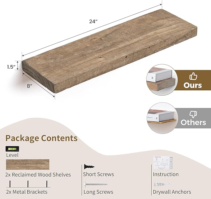 Floating Shelves, 8 Inch Deep Rustic Solid Reclaimed Wood Wall Shelves - Image 3