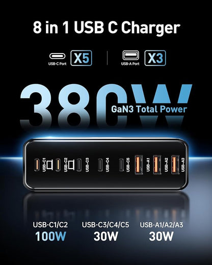 380W USB C Charger Block with 4 USB Cables Dual 100W Charging Station | 8-Port - Image 2