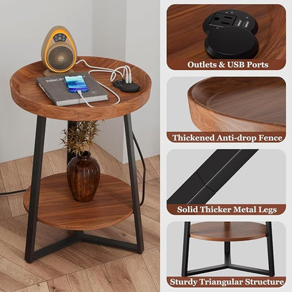 Gadroad Round End Table with Charging Station, USB Ports, Wood Tabletop & Black - Image 4