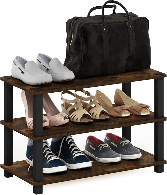 Furinno Turn-S-Tube 3-Tier Shoe Rack, Amber Pine/Black | 11.6 x 23.6 x 22.2 by Furinno-FitsYourSpaceFitsYourBudget