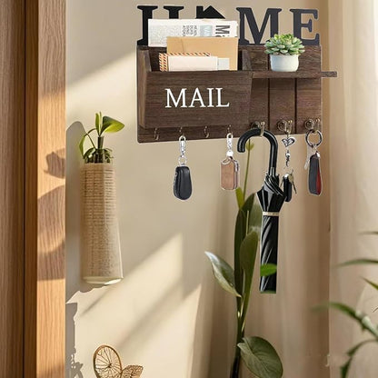 Rustic Wall Key Holder with Shelf & Hooks - Image 5
