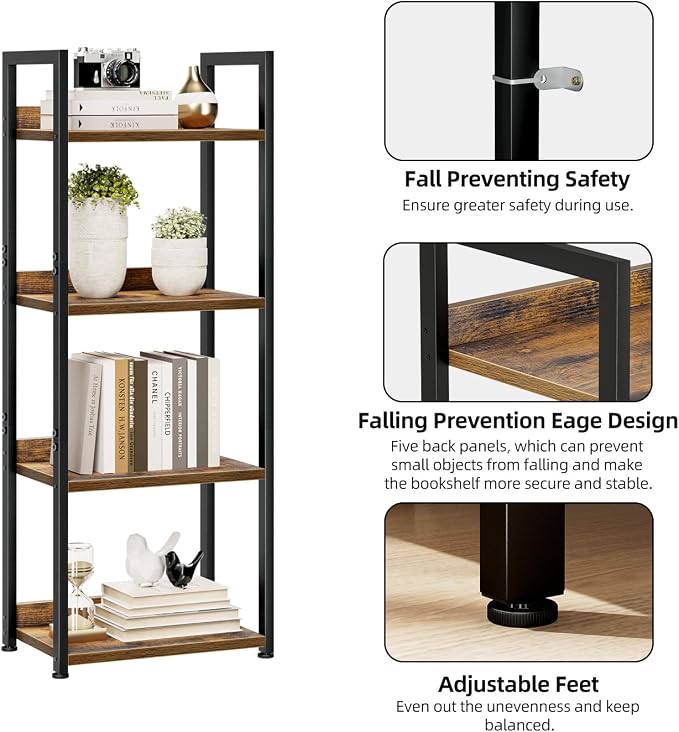 NUMENN Narrow Bookshelf, 4 Tier Freestanding Shelving Unit, Vintage | Small - Image 5
