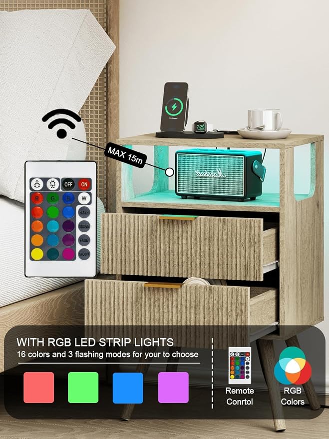 Nightstand with Charging Station and LED Lights, Modern Bedside Table with 2 - Image 4