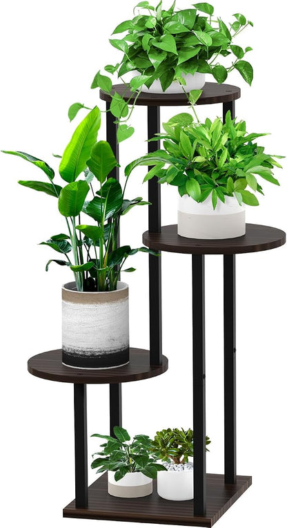 4 Tier Wood Tall Plant Stand Metal Rack Indoor, Round Planter Shelf Display by YOCOMEY