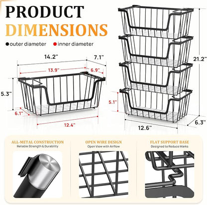SUNALLY Stackable Storage Bins 4 Pcs Wire Baskets Freezer Organizer, Vegetable - Image 2