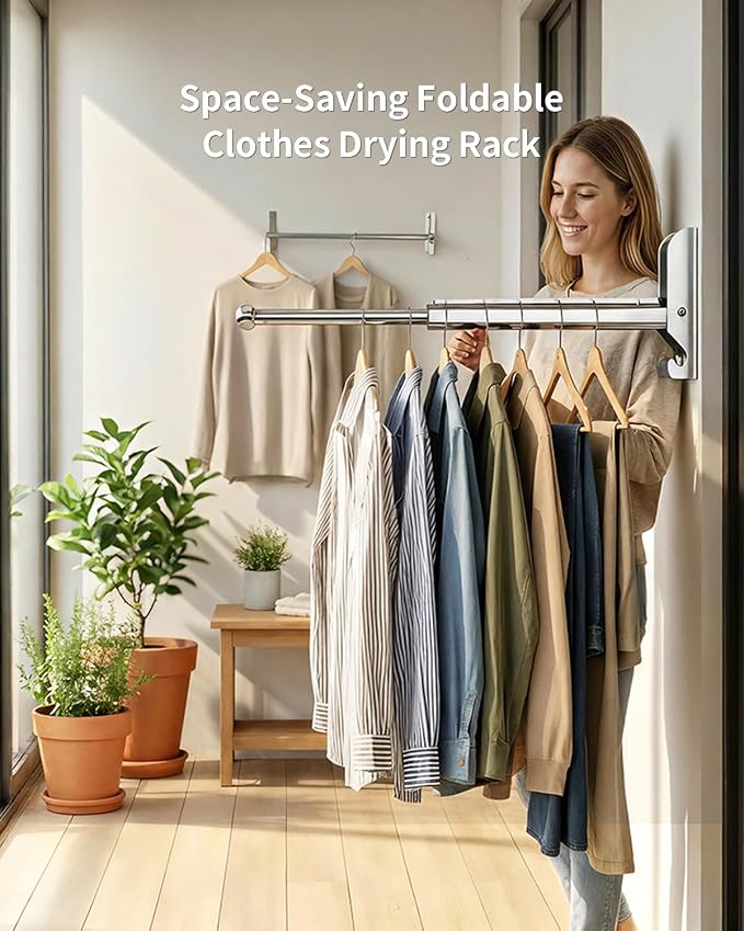 BaiNong Pull Out Wall Mounted Clothes Drying Rack Silver 13" Foldable | Laundry - Image 2