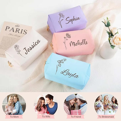 Personalized Makeup Bag with Name & Birth Flower, Custom Leather Cosmetic Bags - Image 6