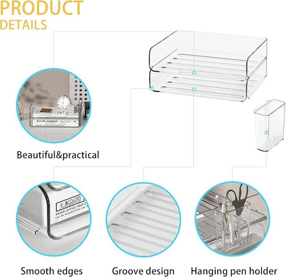 2-Tier Office Organizer with Pen Holder, Stackable Paper Tray - Image 3