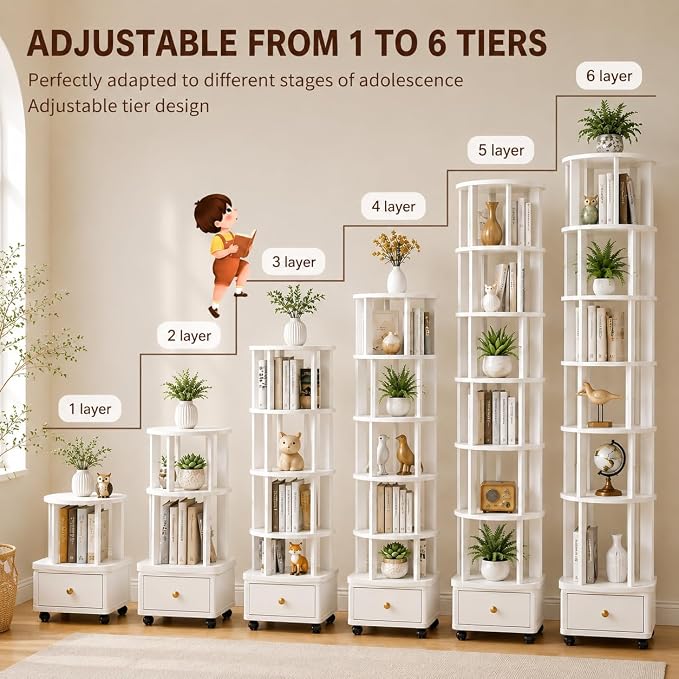 6 Tier Rotating Bookshelf with Drawer, 360° Round Spinning Bookshelf Tower with - Image 3