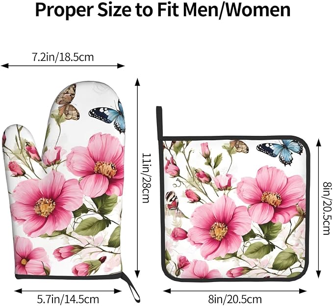 Garden with Birds and Flowers Gloves and Mats Set-Heat-Resistant Kitchen Gloves - Image 2