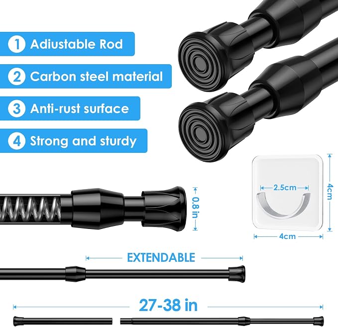 MEXAU 2Pack Spring Tension Curtain Rod 28-41 inch Black Small Tension Rod | - Image 3