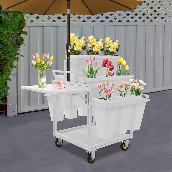 Flower Display Stand Cart With 18 Buckets Plant Rack Storage Organizer with - Image 2