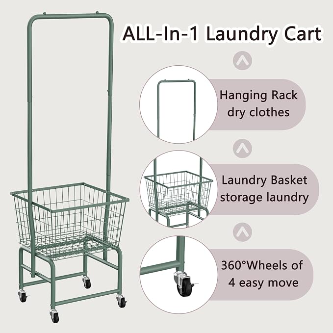 Rolling Laundry Cart with Wheels, Laundry Hamper Basket Organizer with Clothes - Image 4