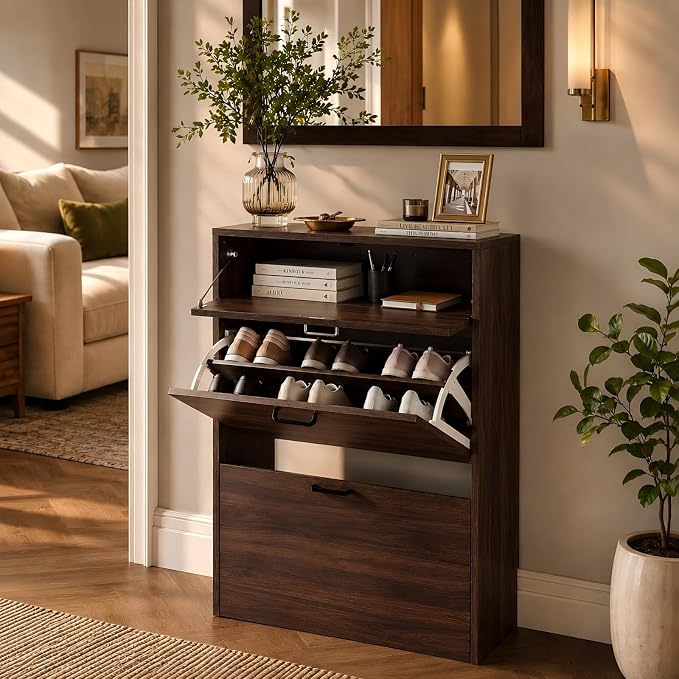 VINGLI Set of 2 Walnut Shoe Cabinet - Image 3