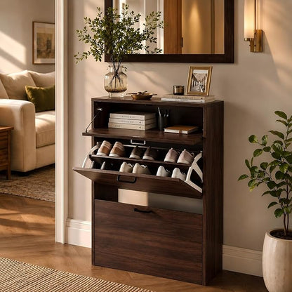 VINGLI Set of 2 Walnut Shoe Cabinet - Image 3