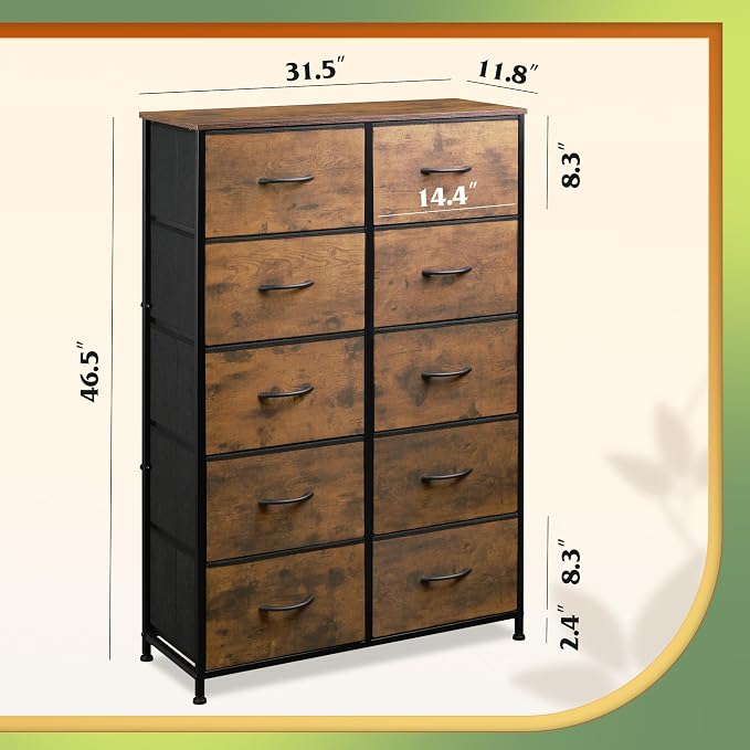 WLIVE Tall Dresser for Bedroom, Rustic Brown Wood Grain Print | 10 Drawers - Image 3