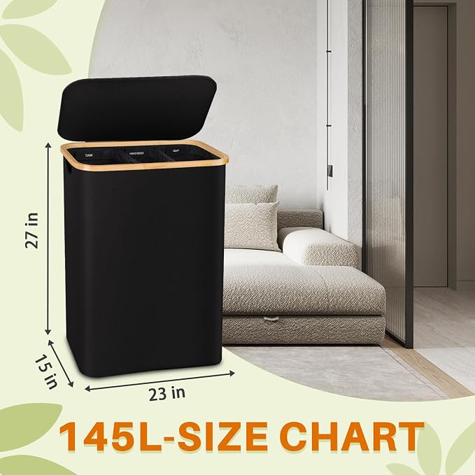145L Laundry Hamper with Lid, 3 Section Laundry Basket with 3 Removable Bag | - Image 7