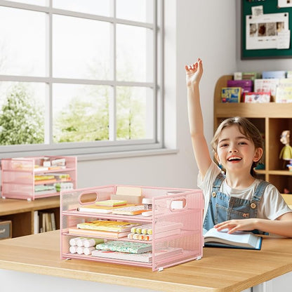 Subekyu 2-Pack 3-Tier Pink Metal Mesh Desk Paper Letter Tray & File Sorter - Image 4