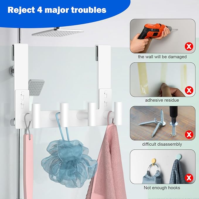 PMMASTO No-Drill Extra Long Shower Hooks, Fits 3/8" Thick Door, Heavy Duty - Image 5
