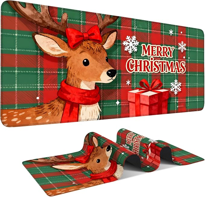 Merry Christmas-Elk Gaming Mouse Pad 35.4"x15.7"Desk Mat Anti-Slip Rubber Base by ANNAQUEEN