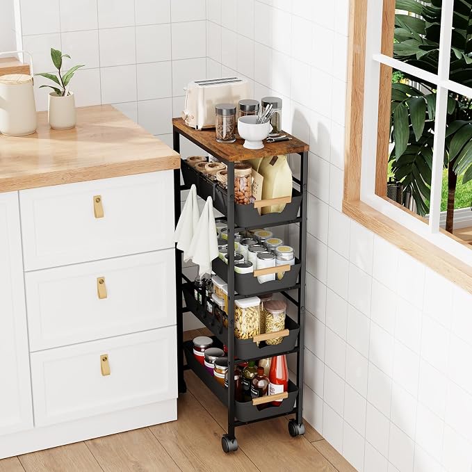 5-Tier Slim Storage Cart, Wooden Top Rolling Kitchen Cart - Image 2