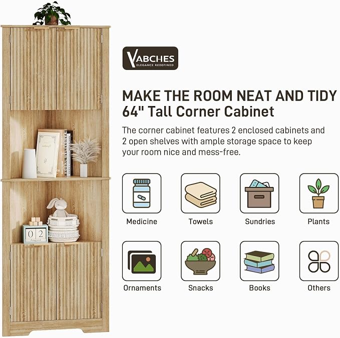 Vabches Corner Bathroom Cabinet, 64 Inch Tall Modern Fluted Corner Cabinet - Image 6