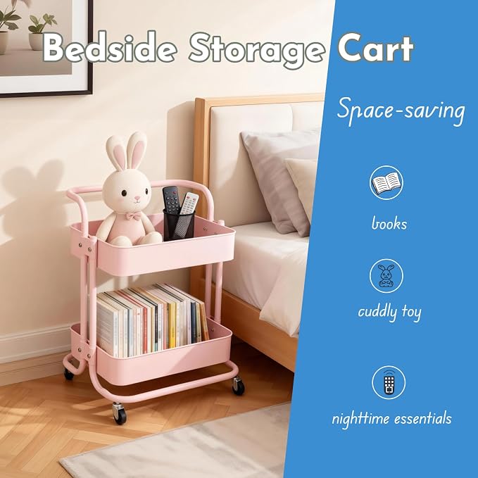 2 Tier Short Rolling Cart with Wheels All-Metal Pink Pantry Storage - Image 9