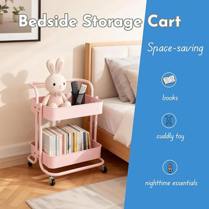 2 Tier Short Rolling Cart with Wheels All-Metal Pink Pantry Storage - Image 9