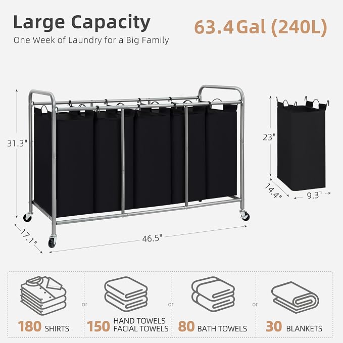 STORAGE MANIAC 5 Section Laundry Sorter, 5 Bins Rolling Separator Laundry Basket - Image 4