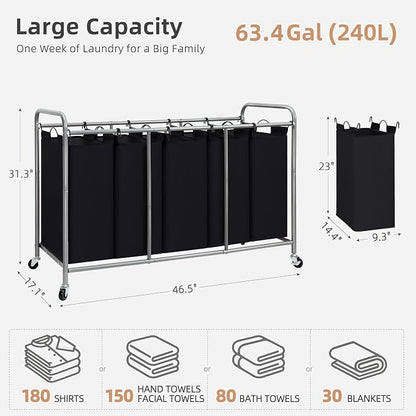 STORAGE MANIAC 5 Section Laundry Sorter, 5 Bins Rolling Separator Laundry Basket - Image 4
