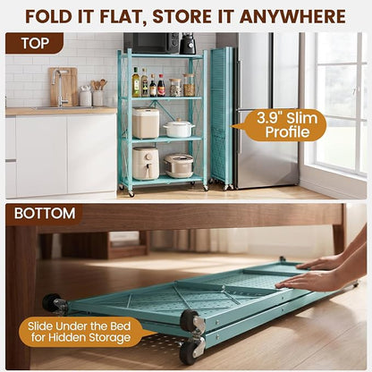 ALANNG 4 Tier Folding Storage Shelf on Wheels, Heavy Duty Metal Rolling Cart | - Image 6