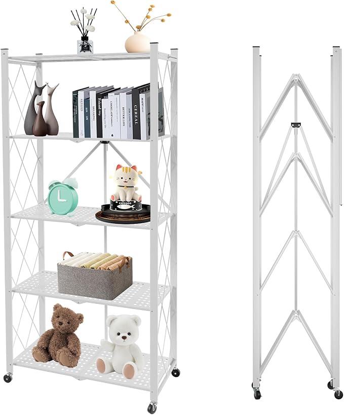 5 Tier Folding Shelf with Wheels, Metal Steel Collapsible Shelves, No Assembly by YUANJIMI
