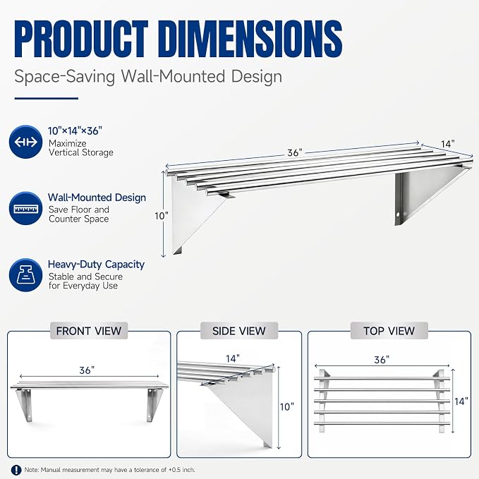 Gisafai 14×36 Inch Premium 201 Stainless Steel Tubular Wall Shelf, Commercial - Image 2