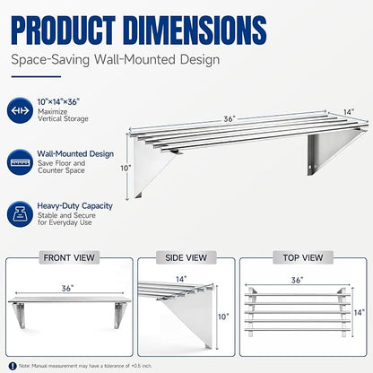 Gisafai 14×36 Inch Premium 201 Stainless Steel Tubular Wall Shelf, Commercial - Image 2