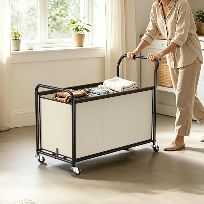 3-Section Rolling Laundry Hamper, 40 Gal Laundry Sorter Cart - Image 2
