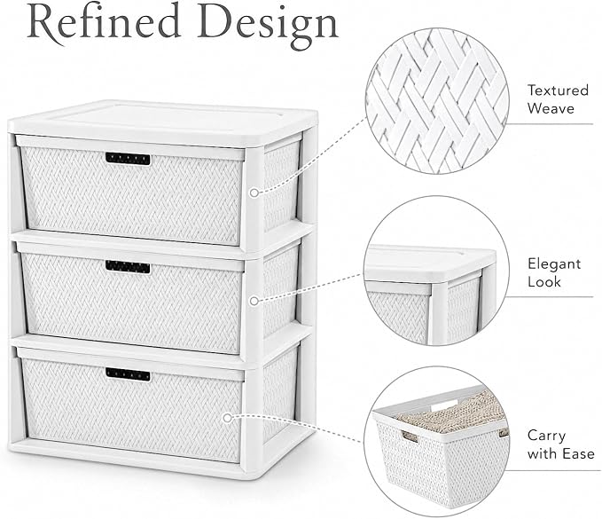 Wide 3-Drawer Decorative Organizer Chest, Ergonomic Pull Handles, Opaque Bins - Image 4