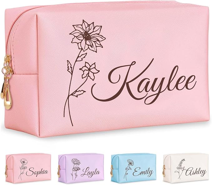 Personalized Makeup Bag with Name & Birth Flower, Custom Leather Cosmetic Bags by Fincekoom
