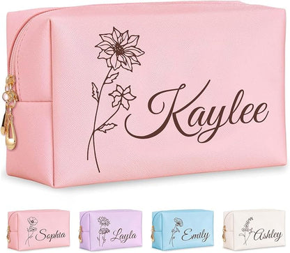 Personalized Makeup Bag with Name & Birth Flower, Custom Leather Cosmetic Bags by Fincekoom