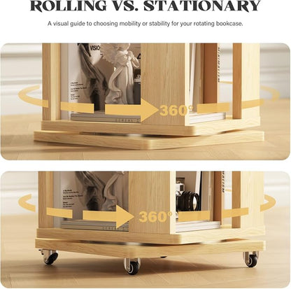 6 Tier Solid Wood Rotating Bookshelf Tower on Wheels, 360° Upgrade Spinning - Image 3