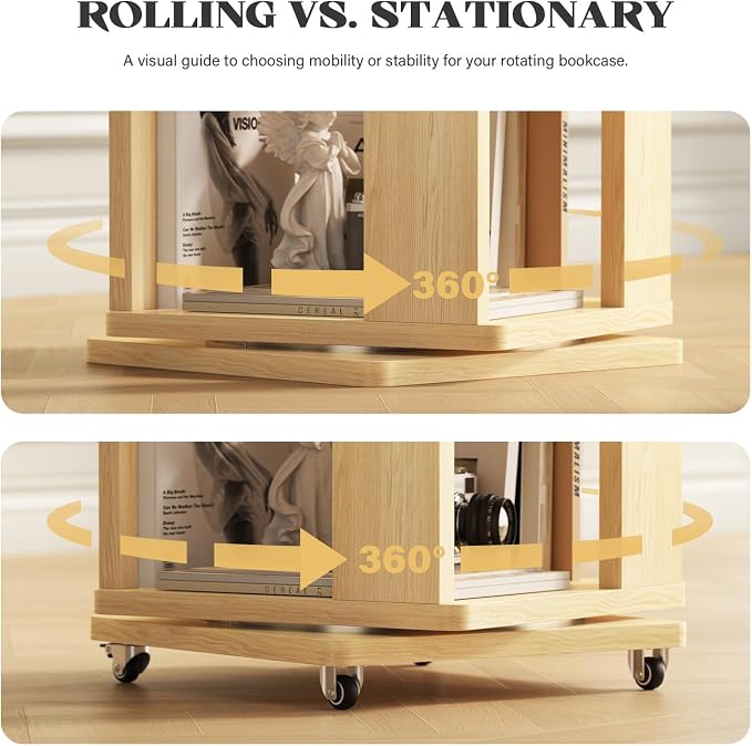 79-Inch 6 Tier Solid Wood Rotating Bookshelf Tower on Wheels, 360° Upgrade - Image 3