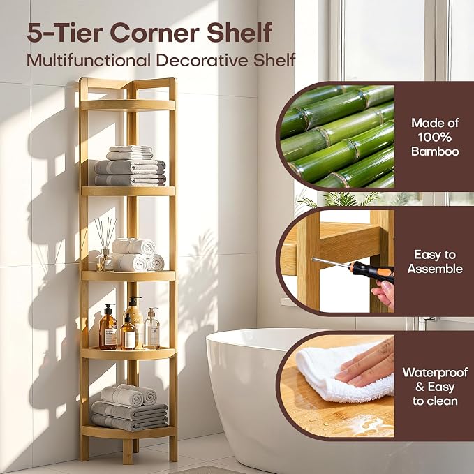 2026 New Bamboo Standing Shelf, 5 Tier Corner Shelf Stand, Free-Standing Shelf - Image 2