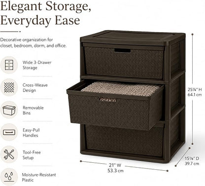 3 Drawer Wide Storage Tower, Cross-Weave Plastic, Espresso Brown | Tool-Free - Image 2